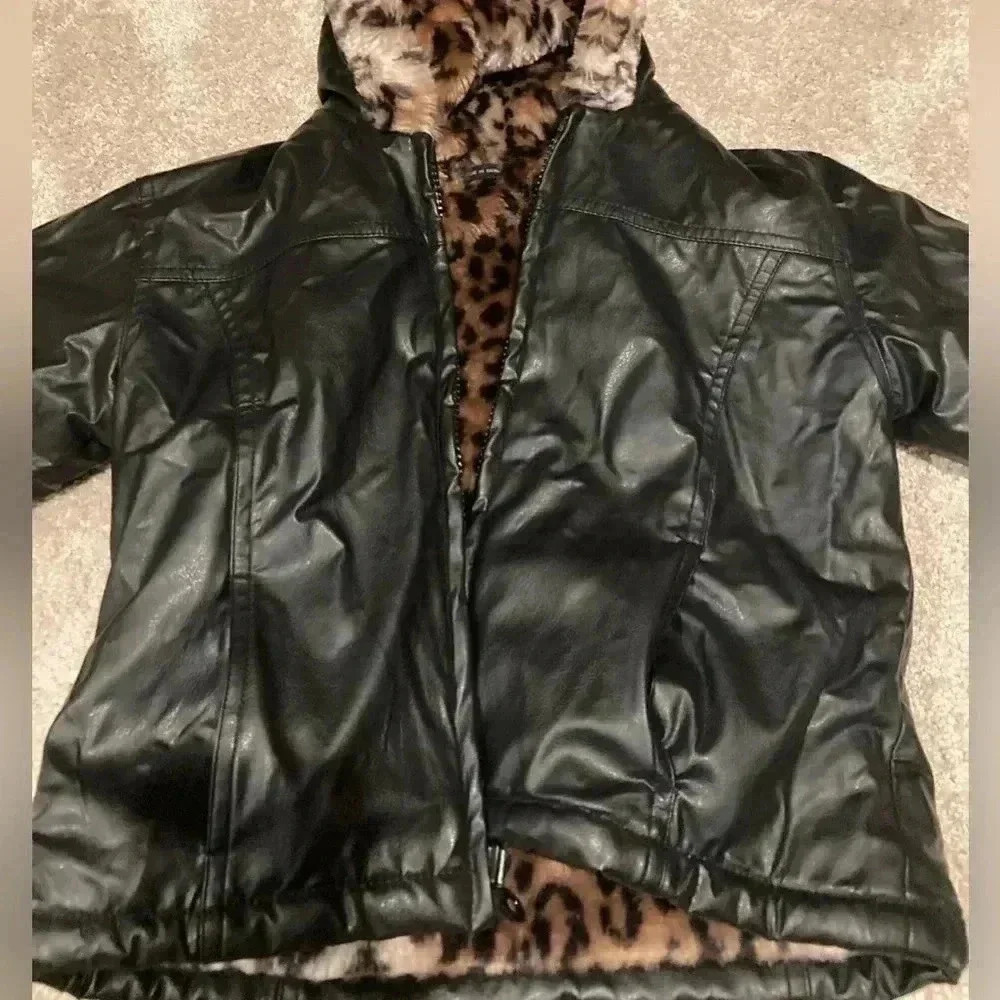 KC Collections Girls Faux Leather Jacket Coat Black Size M Reversible - Picture 4 of 9